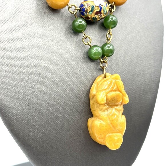 Yellow Jade & Green Nephrite Jade Cloisonne Beaded Carved Foo Dog Necklace 18" - Picture 4 of 12